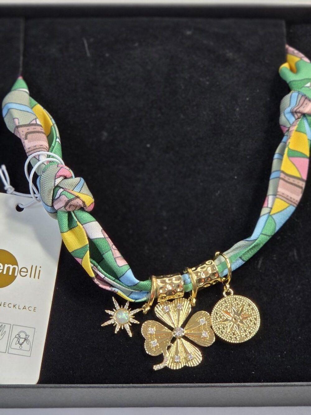 Gemelli Multi Charm Scarf Necklace Gold Lucky Shamrock Starburst Compass NIB